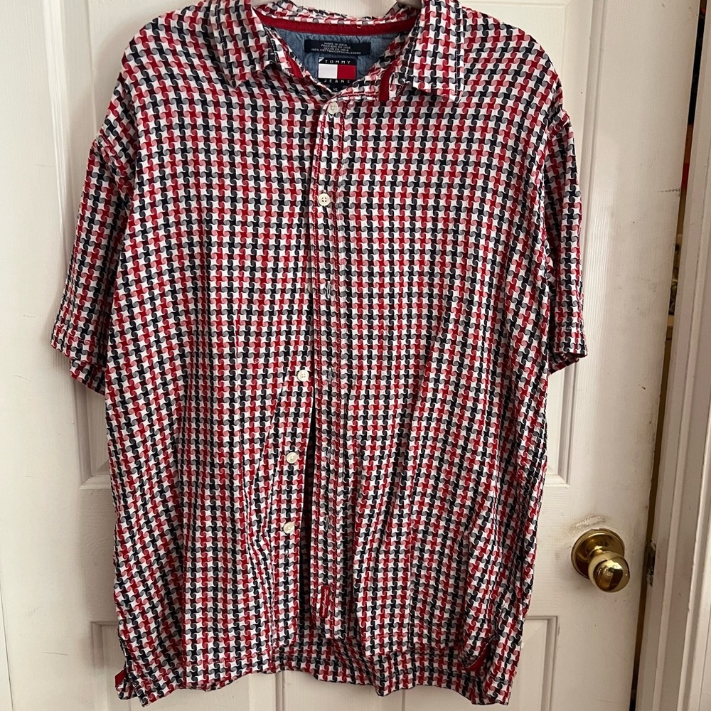 VTG  90s Y2K Tommy Jeans red/white/blue check Short Sleeve Button Down Shirt XL